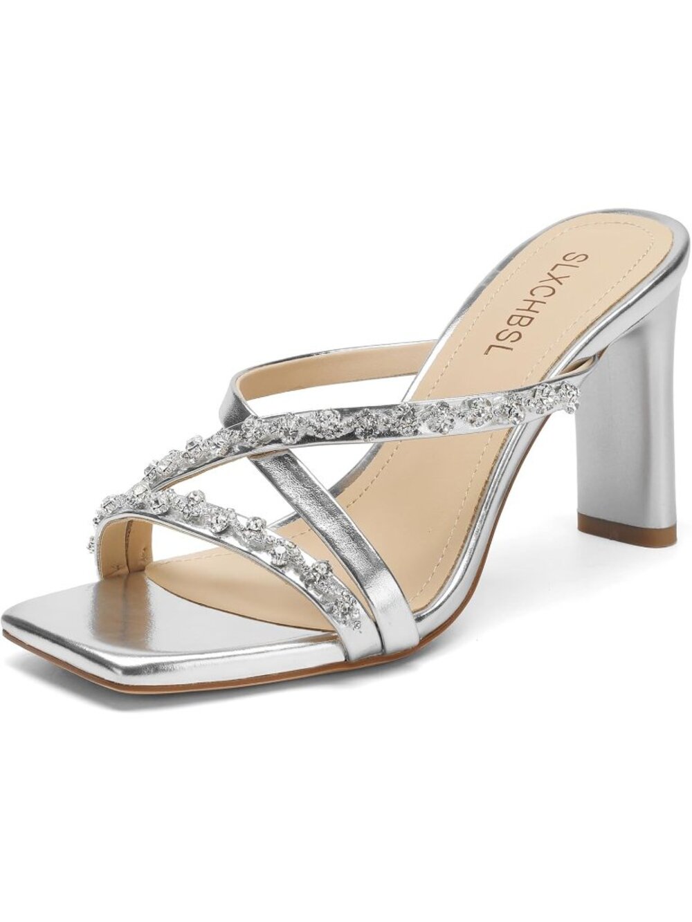Women's Silver Slip On Chunky Heels Square Open Toe Heeled Sandals 3.2 Inch Heel